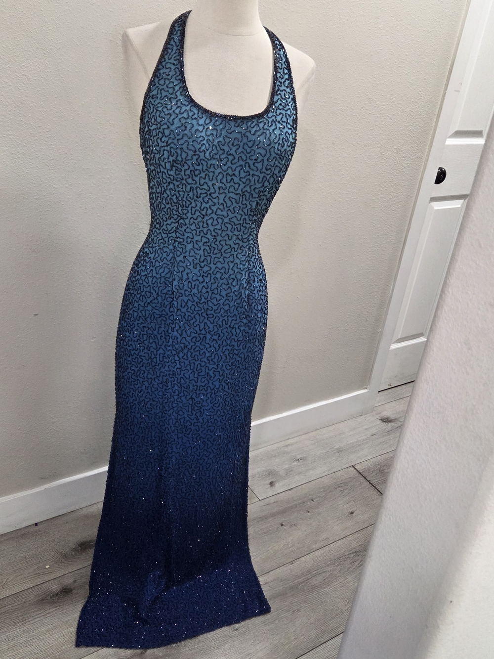 Michaelangelo Teal-to-Navy Ombre Halter Maxi Gown